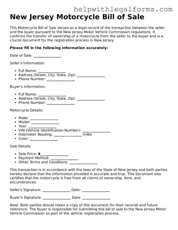 Blank  Motorcycle Bill of Sale Form for New Jersey