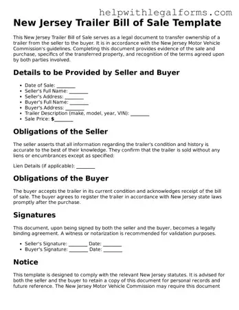 Blank  Trailer Bill of Sale Form for New Jersey