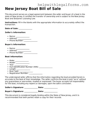 Blank  Boat Bill of Sale Form for New Jersey