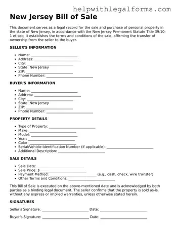 Blank  Bill of Sale Form for New Jersey