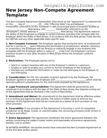 Blank  Non-compete Agreement Form for New Jersey