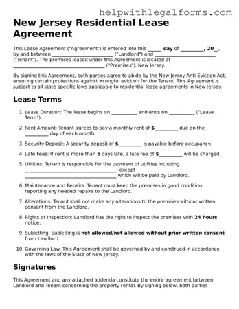 Blank  Residential Lease Agreement Form for New Jersey