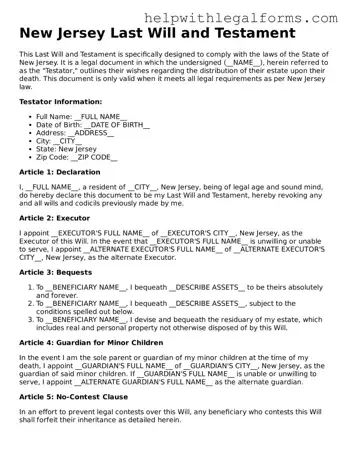 Blank  Last Will and Testament Form for New Jersey