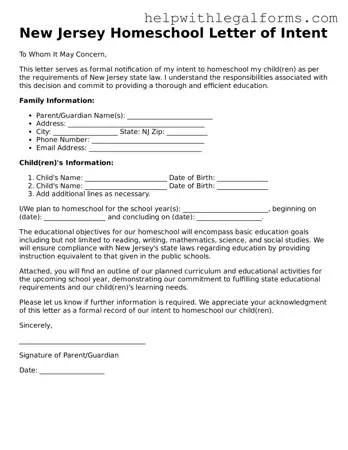 Blank  Homeschool Letter of Intent Form for New Jersey