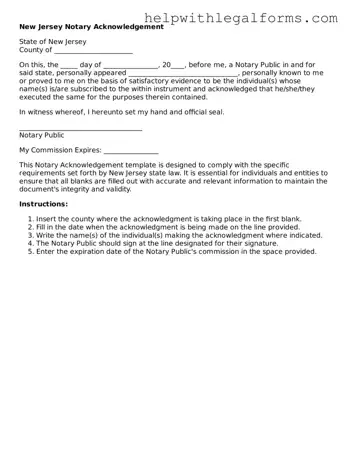 Blank  Notary Acknowledgement Form for New Jersey