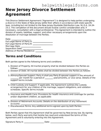 Blank  Divorce Settlement Agreement Form for New Jersey