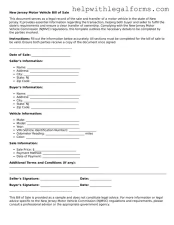Blank  Motor Vehicle Bill of Sale Form for New Jersey