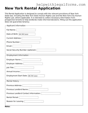 Blank  Rental Application Form for New York