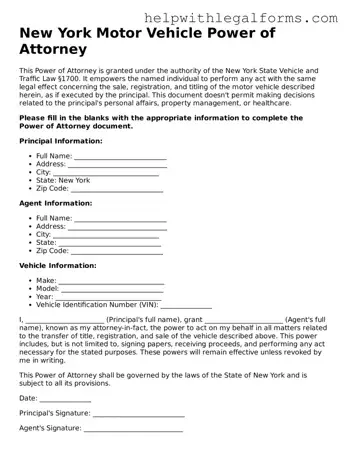 Blank  Motor Vehicle Power of Attorney Form for New York