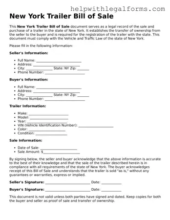 Blank  Trailer Bill of Sale Form for New York
