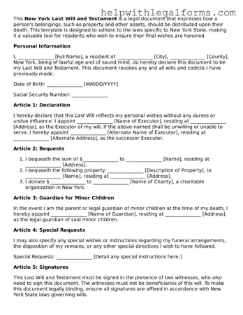 Blank  Last Will and Testament Form for New York