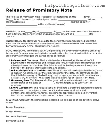 Legal Release of Promissory Note Form