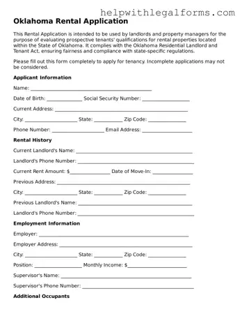 Blank  Rental Application Form for Oklahoma