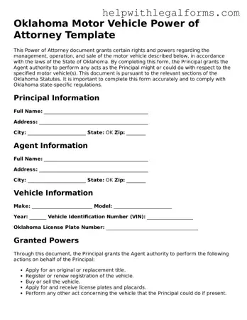 Blank  Motor Vehicle Power of Attorney Form for Oklahoma