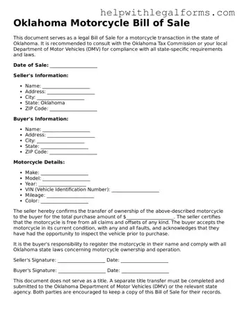Blank  Motorcycle Bill of Sale Form for Oklahoma