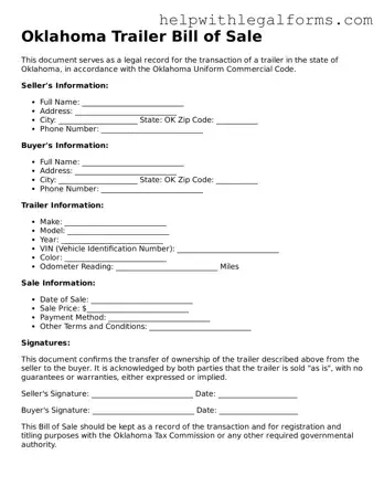 Blank  Trailer Bill of Sale Form for Oklahoma