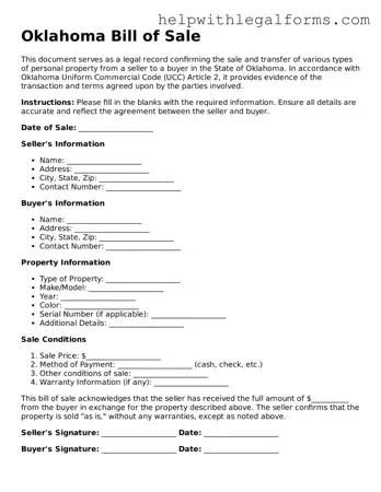 Blank  Bill of Sale Form for Oklahoma