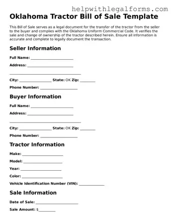 Blank  Tractor Bill of Sale Form for Oklahoma