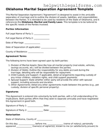 Blank  Marital Separation Agreement Form for Oklahoma