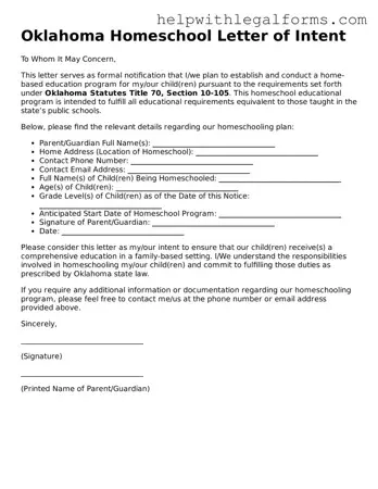 Blank  Homeschool Letter of Intent Form for Oklahoma