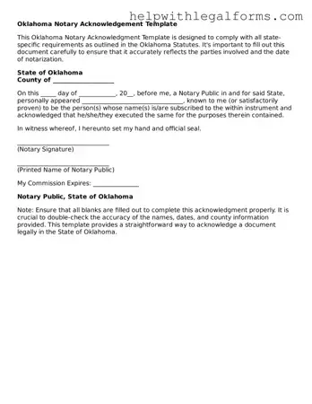 Blank  Notary Acknowledgement Form for Oklahoma