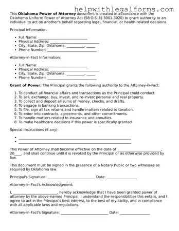 Blank  Power of Attorney Form for Oklahoma