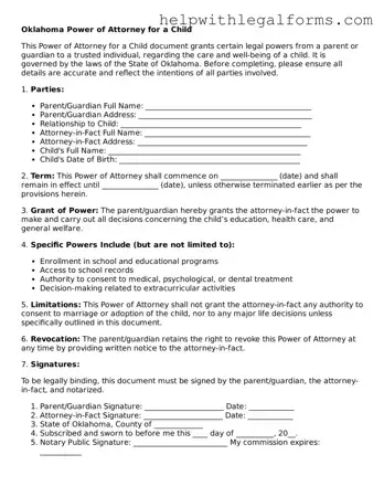 Blank  Power of Attorney for a Child Form for Oklahoma