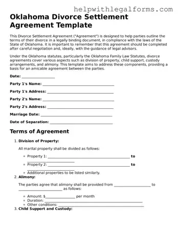 Blank  Divorce Settlement Agreement Form for Oklahoma