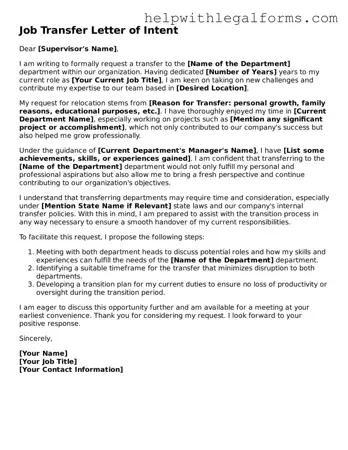 Legal Job Transfer Letter of Intent Form