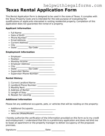 Blank  Rental Application Form for Texas