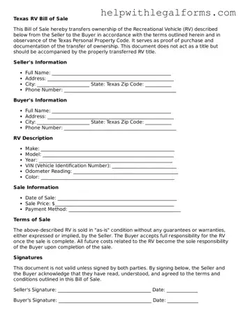 Blank  RV Bill of Sale Form for Texas