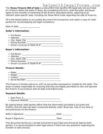 Blank  Firearm Bill of Sale Form for Texas