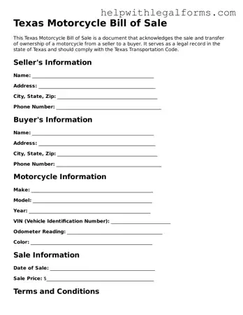 Blank  Motorcycle Bill of Sale Form for Texas