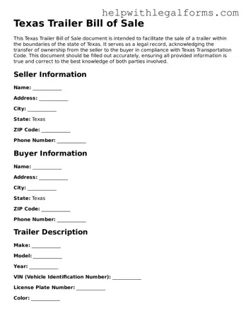 Blank  Trailer Bill of Sale Form for Texas