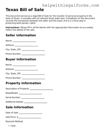 Blank  Bill of Sale Form for Texas