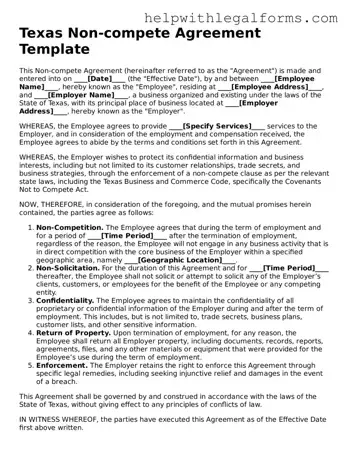 Blank  Non-compete Agreement Form for Texas