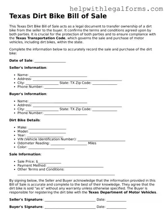 Blank  Dirt Bike Bill of Sale Form for Texas