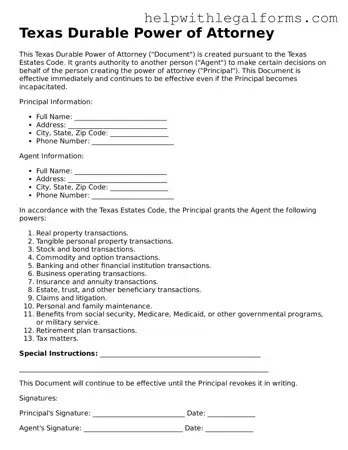 Blank  Durable Power of Attorney Form for Texas