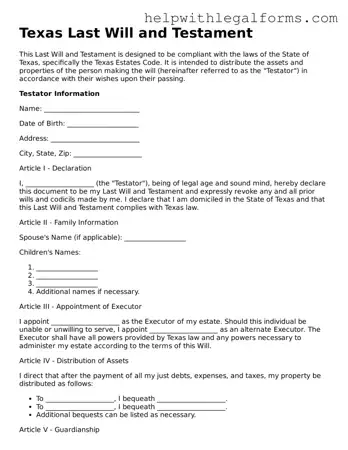 Blank  Last Will and Testament Form for Texas