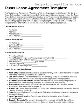 Blank  Lease Agreement Form for Texas