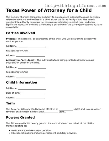 Blank  Power of Attorney for a Child Form for Texas