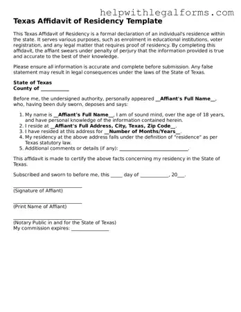 Blank  Affidavit of Residency Form for Texas