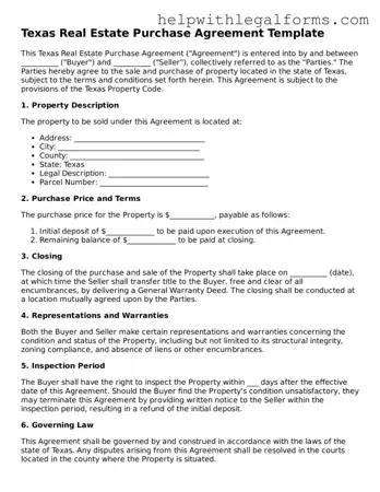 Blank  Real Estate Purchase Agreement Form for Texas