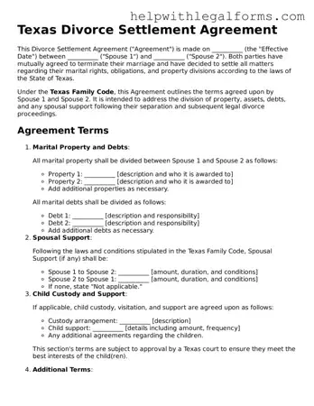 Blank  Divorce Settlement Agreement Form for Texas