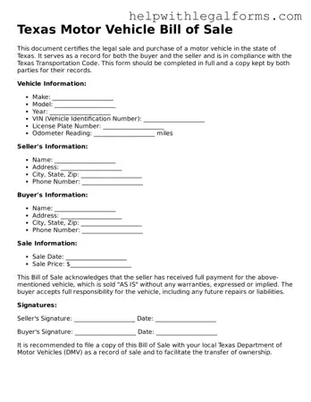 Blank  Motor Vehicle Bill of Sale Form for Texas