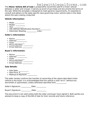 Legal Motor Vehicle Bill of Sale Form