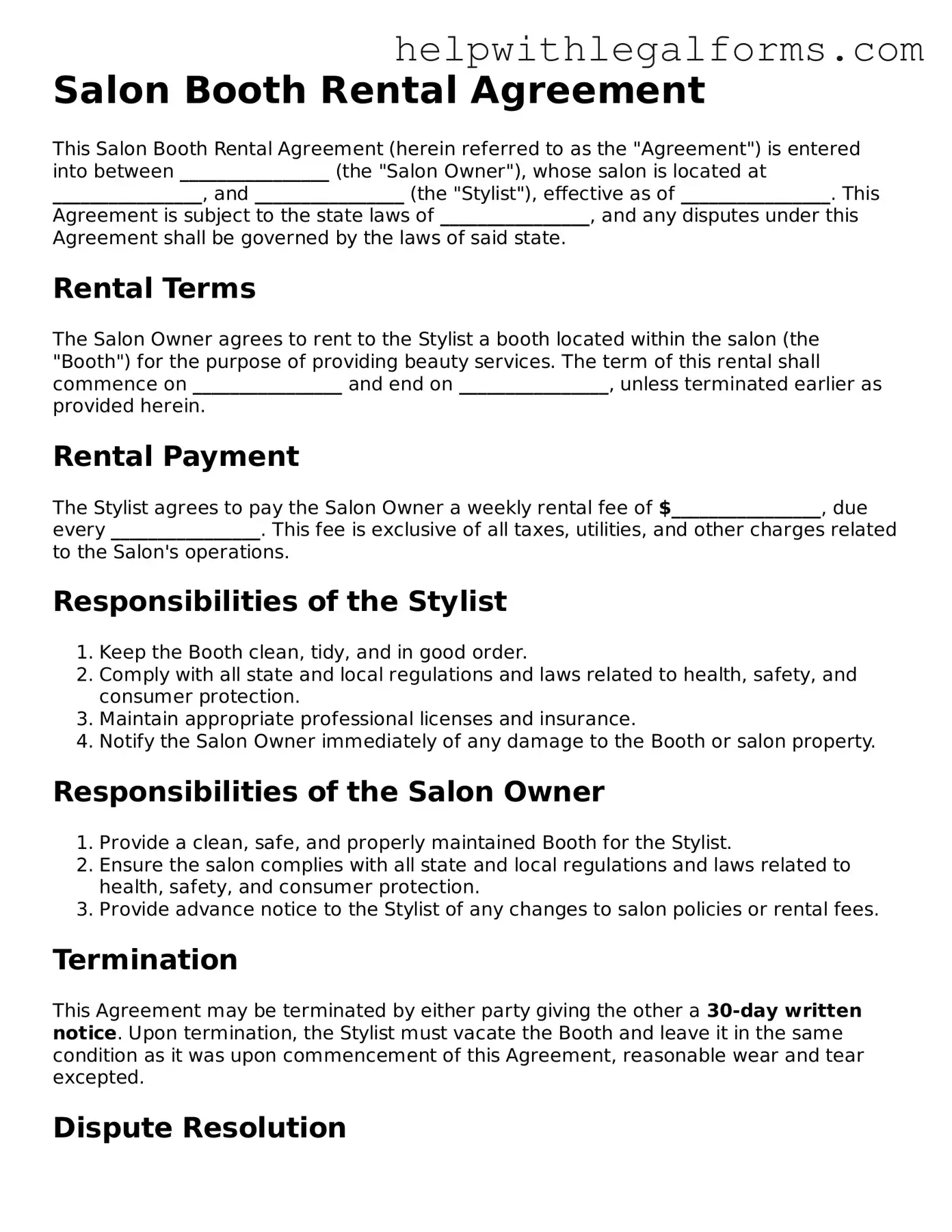 Legal Salon Booth Rental Agreement Form
