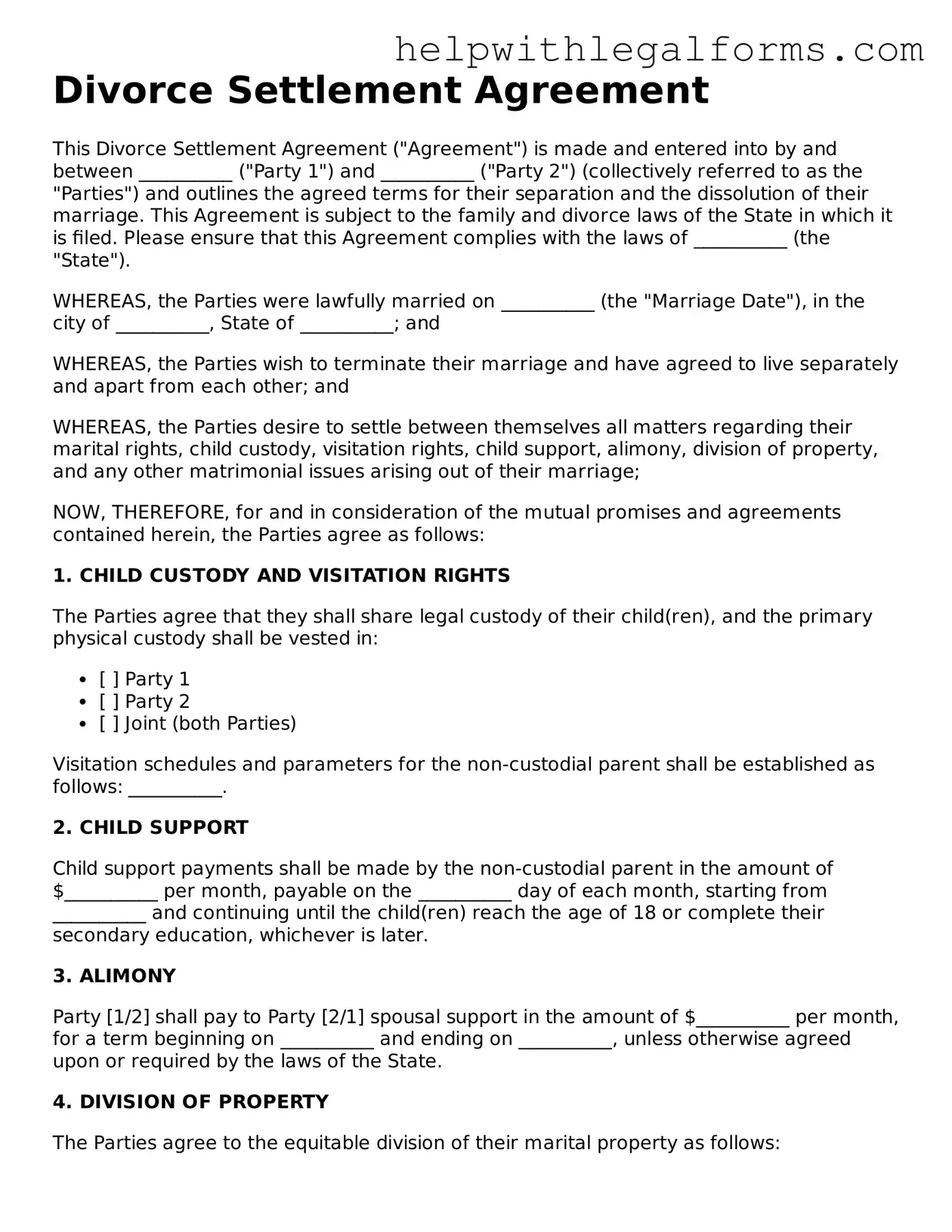 Legal Divorce Settlement Agreement Form
