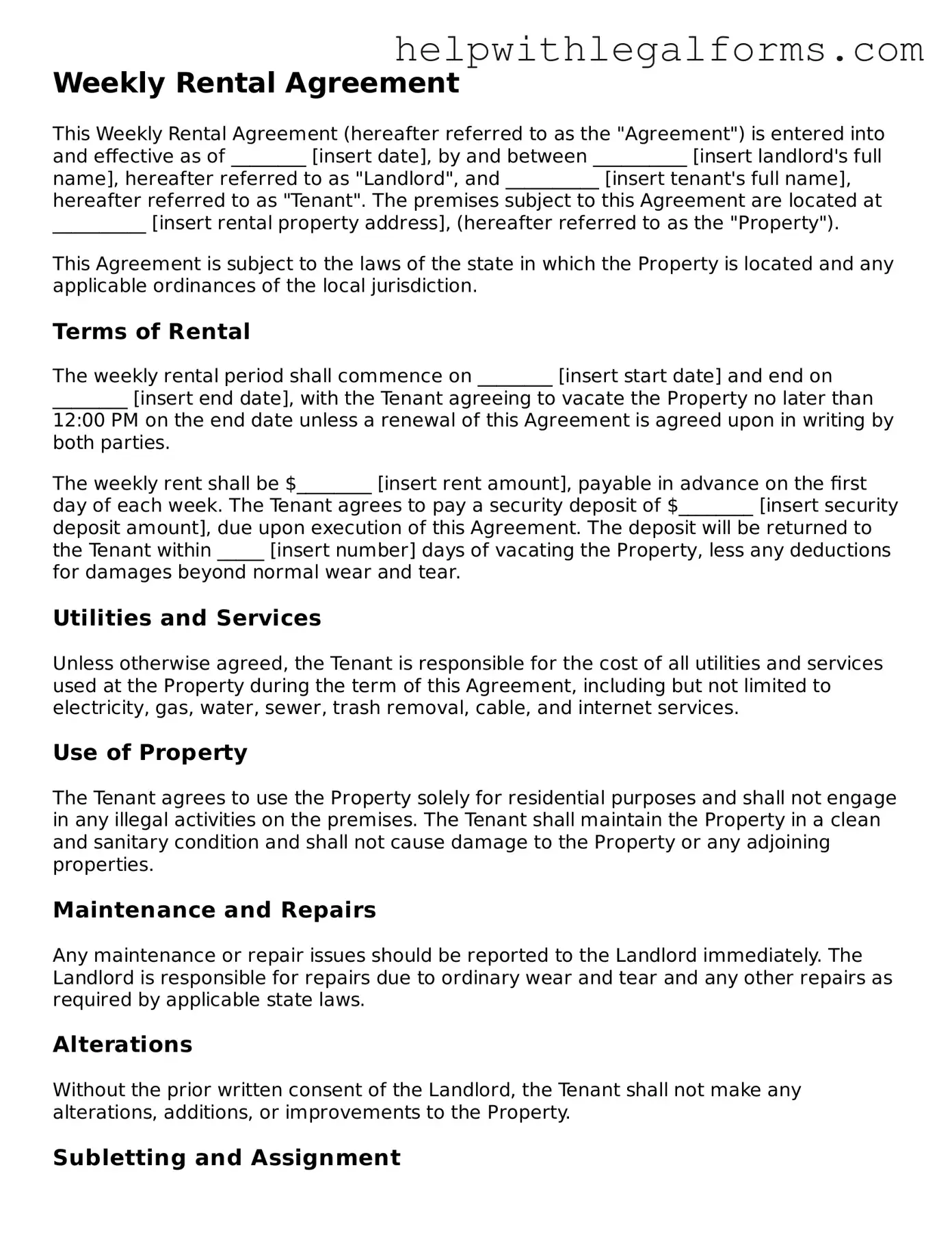 Legal Weekly Rental Agreement Form
