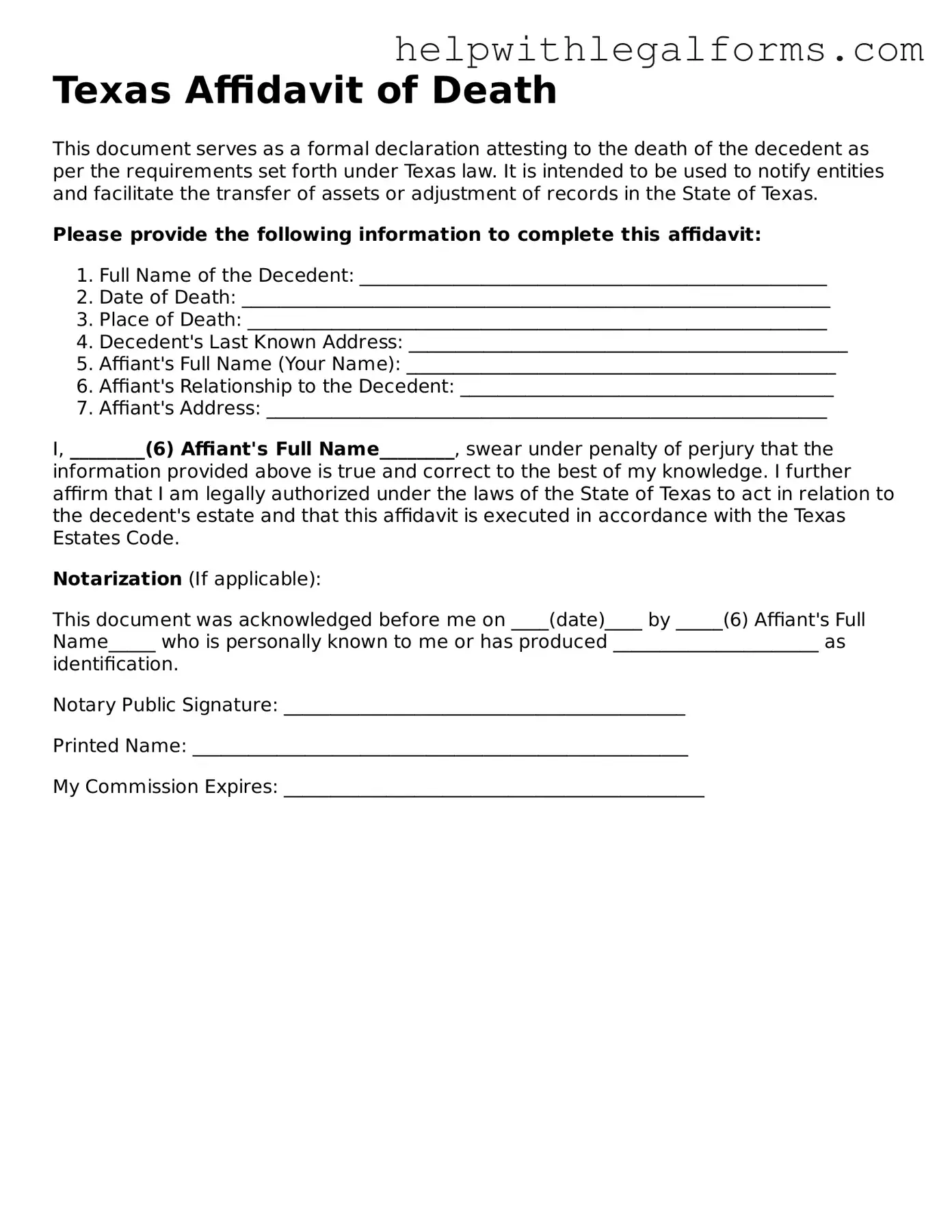 Blank  Affidavit of Death Form for Texas